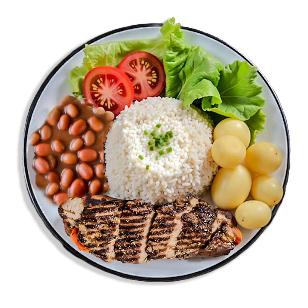 Prato de comida com arroz, feijão, salada e carne